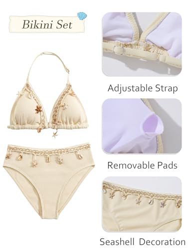 Trajes de baño de 3 piezas para niñas con conchas pequeñas y falda cruzada de 8-12 años 4