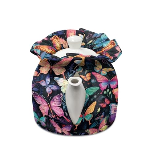 Image of Colorful Butterfly Tea Pot Cover Keep Tea Warm Insulation Teapot Cozies Machine Washable Kettle Cover Breakfast Warmer Home Decor for Home Kitchen Tea Party Table Decor