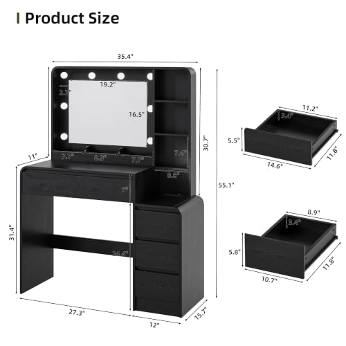 Image of 39.3 inch Makeup Vanity Desk with Charging Station, Black Makeup Dressing Table with Mirror & Lights, 3 Lighting Modes Adjustable Brightness, Vanity Table with Power Outlet & 5 Drawers Curved Design