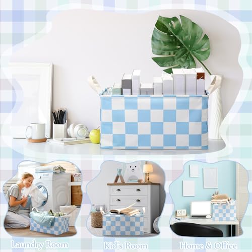 Image of Boao 3 Pcs Blue and White Checkered Storage Basket with Handle Cute Car Baskets Gingham Classroom Laundry Toy Storage Bin Organizer Canvas Plaid Hamper for Dormitory Home Nursery Bathroom Bedroom