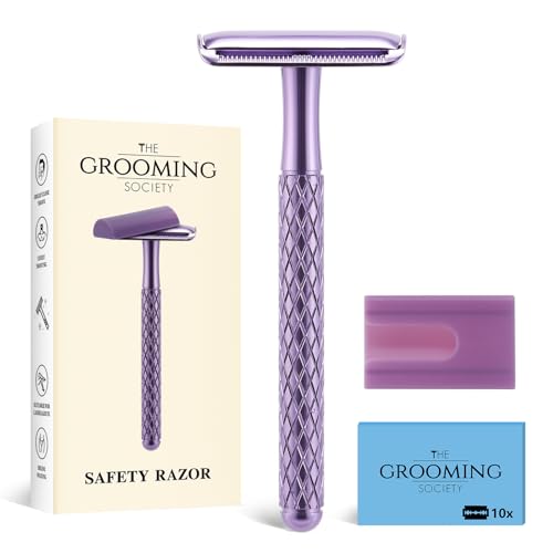 The Grooming Society Double Edge Safety Razor for Women Purple with 10 Blades and Silicone Cover - Durable Metal Eco-Friendly Single Blade Razor - Closed Smooth Shave