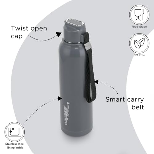Image of Nayasa Pristine 700ml Water Bottle | BPA-Free Plastic with Insulated Stainless Steel Inner | Leak-Proof Twist Cap | for Office, School, Gym, Travel, and Outdoor Use | Grey