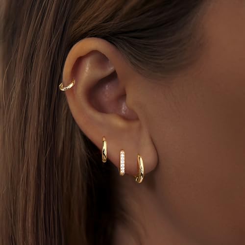 Image of Small Gold Huggie Hoop Earrings Set for Women Men Hypoallergenic 14K Plated Stack Cartilage Earrings, Sterling Silver Multiple Piercing Lightweight Mini Thin Cute Dainty Trendy Jewelry Gifts for Women