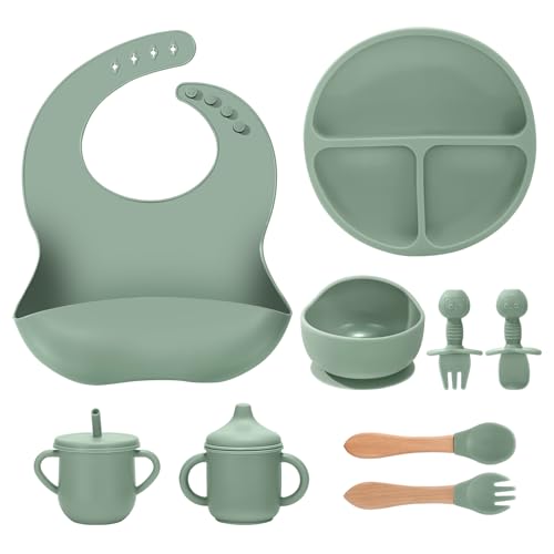 Image of JELLDJK Silicone Baby Feeding Set 9 Pcs, Spill-Proof Suction Plate, Bowl, Bib, Silicone spoon&forks, Wooden Spoons&forks, Training cup with straw and Sippy Cup, Baby Eating Utensils (Green)