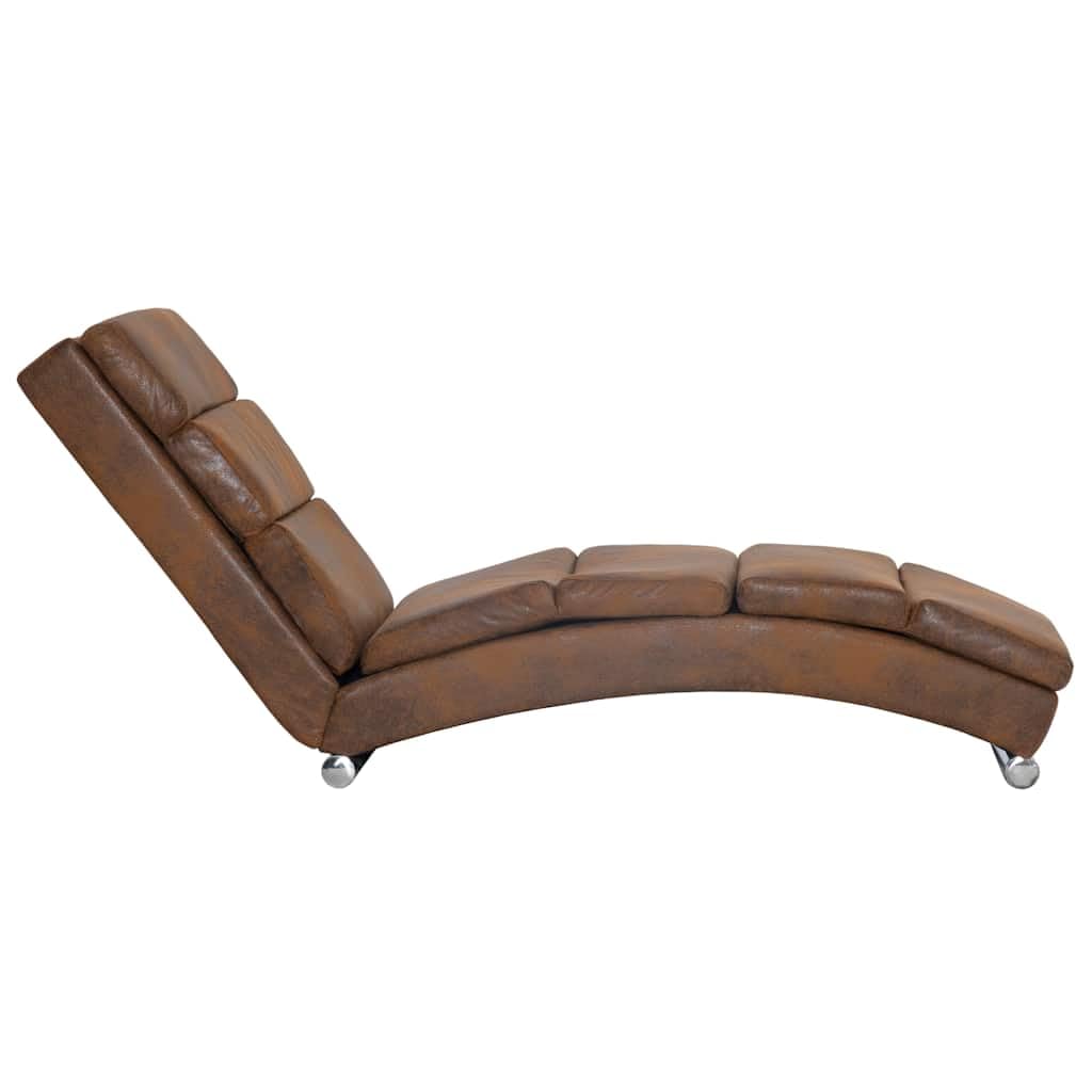 Szezlong brązowy o wyglądzie zamszu, z drewnianą ramą i nogami ze stali nierdzewnej, 155 x 51 x 71 cm, ergonomicznie wyściełany, do salonu, sypialni, biura, lounge, komfortowy relaks i