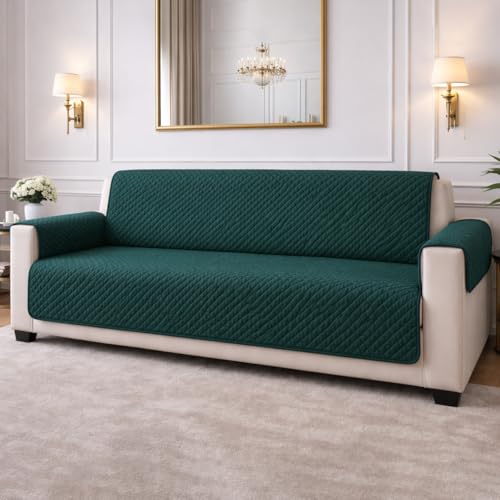 Image of STITCHNEST 'Airsoft Range Series' Solid Quilted Velvet Sofa Cover for 3 Seater | Premium Soft Velvet Sofa Protector | Green Diamond Quilted Design with Armrest Pockets | Furniture Cover