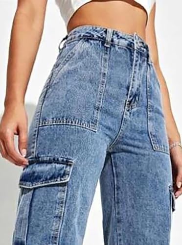 Image of Glossia Fashion High Waist Cargo Denim Jeans for Women Wide Leg Stretchable Straight Fit Jeans(WJ1-1215-$)