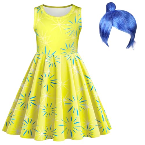 DiULi Disfraces de Cosplay para Niñas, Disfraz del Revés, Vestir De Adentro hacia Afuera con Peluca, Vestido sin Mangas para Halloween Carnaval Cumpleaños Fiesta, Vibrante y Optimista (Amarillo-130)