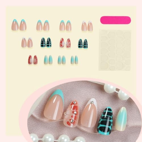 Image of French Tip Press on Nails Green Ombre Fake Nails Short Almond False Nail with Rhinestone Design Alligator Print Glue on Nails Acrylic Glossy Full Cover Stick on Nail for Women Manicure 24Pcs
