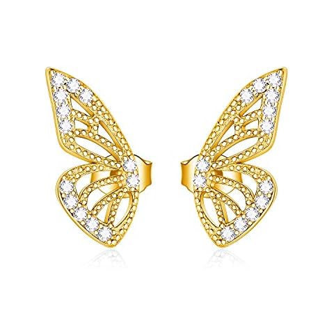 RMREWY Sterling Silver 925 Butterfly Earings Cubic Zirconia Stud Earrings Fashion Half Wings Design Jewelry Valentines Gift for Women Girlfriend, Silver, Cubic Zirconia, Gold,White,Silver Cover