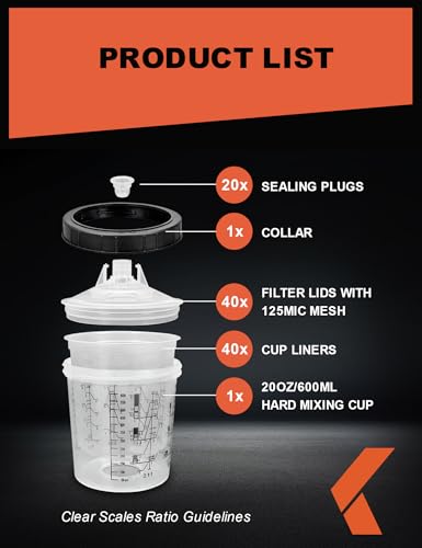 Image of KREFINISH Disposable Paint Sprayer Mixing Cup Liners and Lid System for HVLP Spray Gun,Car Paint Gun 20 Ounce(600ml)Kit with 40 Cups Liners,40 Lids with Strainer,1 Hard Cup with Retainer Ring,20 Plugs