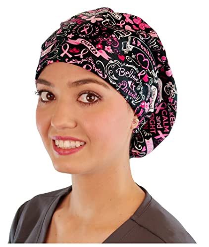 Sparkling EARTH Pink Ribbon Collage Riley Medical Scrub Caps with Flat Front and Roomy Back - Adjustable Cord Lock Closure