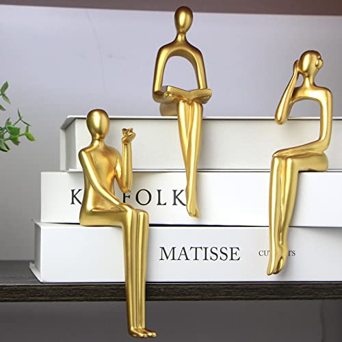 Kilarero 3Pcs Modern Decor Sitting Thinker Statue Abstract Sculpture, Shelf Decor Accents Resin Collectible Figurines for Home Office Living Room Table Desktop Decor (Gold-2)