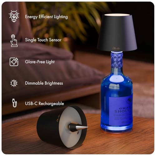 Image of Wireless Bottle Lamp for Living Room | 3 Colour Tones with Dimming | Rechargeable Touch Lampshade | Night Light for Bedroom | Birthday Gifts for Girls, Women, Wife (Black, Vino)