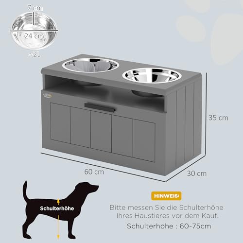 PawHut Erhöhter Hundenapf Futternapf mit Ständer Wassernapf 2 x 2L Edelstahlnäpfen Futterstation mit Anti-Schling-Matte Hundenäpfe mit 25L Stauraum, für große und extra große Hunde, Grau