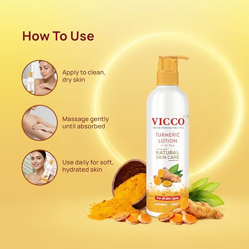 Image of Vicco Turmeric Lotion in Oil Base | Enriched with Turmeric Rich in Curcumin | Intensive Nourishment for Every Skin Type | Locks in Moisture | Helps Improve Uneven Skin Tone & Enhances Natural Glow | 400ml | Pack of 1