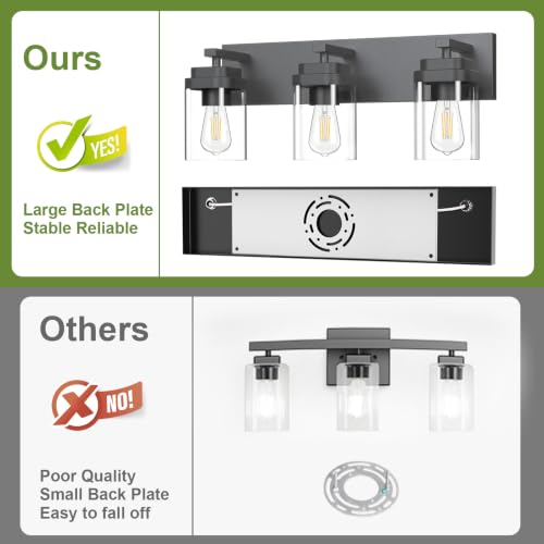 Image of Black Bathroom Light Fixtures, 3 Lights Bathroom Lighting Fixtures Over Mirror, Square Design & Rectangle Large Backplate, Modern Vanity Lighting Fixtures, for Bathroom /Living Room /Bedroom