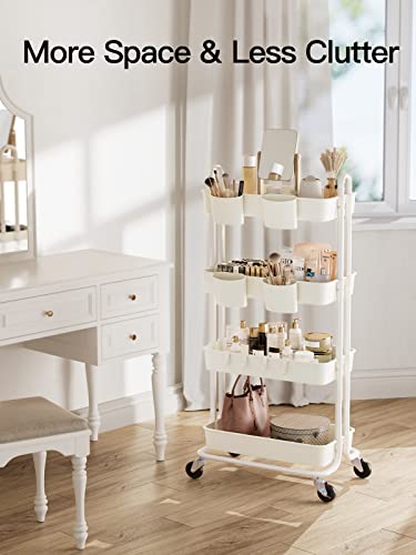 Pipishell 4-Tier Rolling Cart, Utility Cart With Lockable Casters, Pp Plastic Storage Baskets, Hanging Cups & Hooks, Rolling Cart For Living Room, Bedroom, Kitchen, Bathroom, Art Studio(White) #TOP1