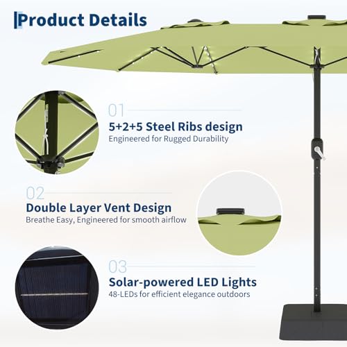 15 FT Patio Umbrella with Base Included, 10 Sturdy Ribs with solar lights by GarveeLife - Used condition - Image 4