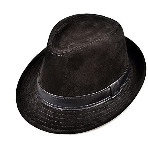 Men Fedoras Hats Genuine Leather Male Jazz Hip Pop Caps Suede Cow Skin Nubuck Brown Gentlemen Fitted Hat #TOP3