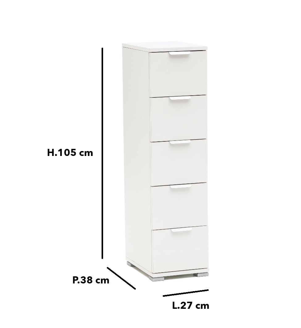 Cassettiera Salvaspazio Bianca 5 Cassetti 27x38x105 cm | Struttura alta e stretta, legno laminato, cassetti su guide, già montata, per camera ufficio archivio