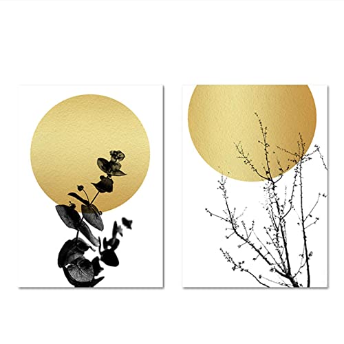 Pintura abstracta moderna de la luna, imagen de sombra de hoja botánica, póster de pared, lienzo, impresión artística, decoración del hogar (30 × 40 cm/11,8 × 15,7 pulgadas) × 2 piezas sin marco Cover