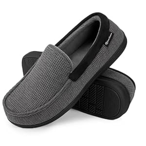 EverFoams Men’s Comfort Memory Foam Moccasin Slippers Breathable Terry Cloth House Shoes with Anti-Skid Rubber Sole