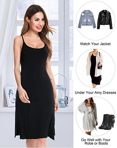 Vlazom Women's Nightdresses Soft Full Slip Split Spaghetti Strap Chemises Wavy Hemline Negligee Nightgown B-Black #TOP4
