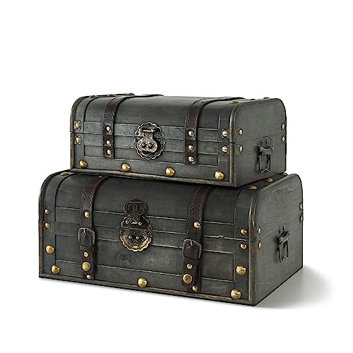 Soul Lane Explorations Wooden Decorative Storage Boxes Set of 2 Wood Pirate Chest for Keepsakes and Home Decor Vintage Suitcase Trunks with Hinged Lids