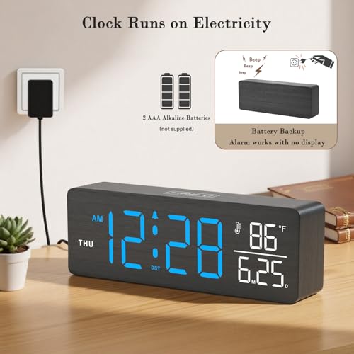 Image of DreamSky Wooden Digital Alarm Clock with Date & Day of Week for Bedroom | Large Display Desk Clock for Living Room, Temperature, Dimmer, Adjustable Volume, Auto DST, Office Wood Decor (Plug-in)