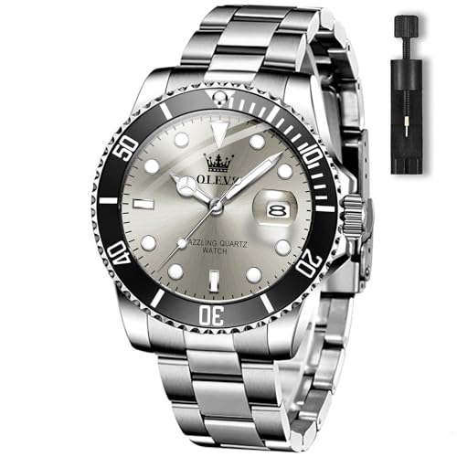 OLEVS Waterproof Watches for Men Classy Gray Stainless Steel Watches for Men Elegant Large Face Simple Rotatable Bezel Men's Watch Quartz Luminous Diving Watch with Battery Relojes para Hombres
