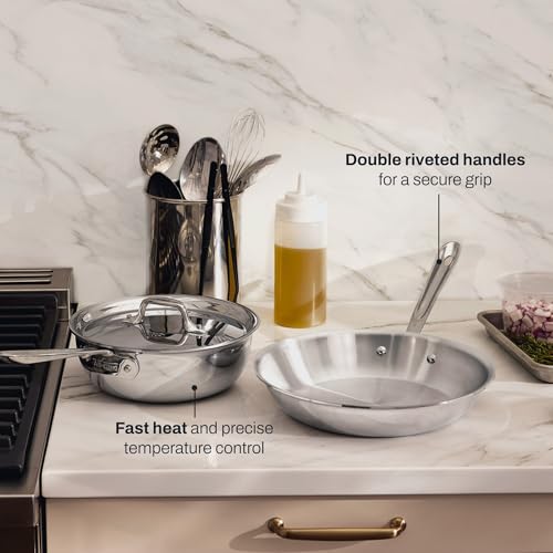 Image of All-Clad D3 Stainless Steel 3 Piece Cookware Set- Made in USA- Includes 10 inch Frying Pan and 2-Qt Saucier Pan With Lid - Professional Grade -Oven Safe & Induction Compatible