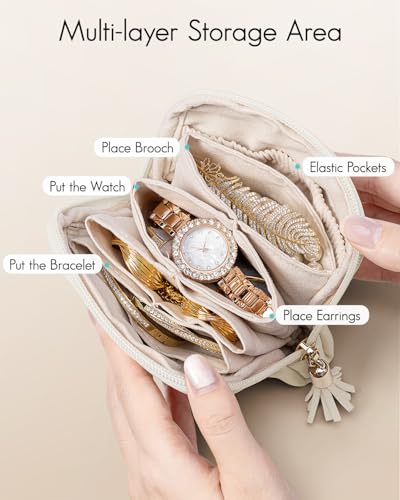 Vlando Small Travel Jewelry Case,Travel Gifts for Women,Jewelry Pouch Bags with Zipper,Velvet Jewelry Organizer Storage Bag for Bracelet Rings Earring-Cream White2