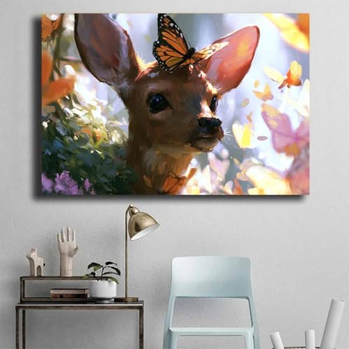 Déco salon peinture sur toile animaux mignons cerf monarques - 4
