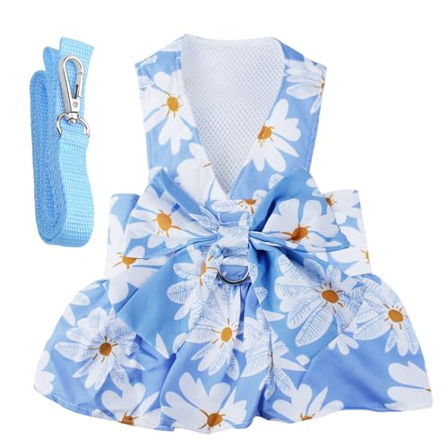 Dog Dress Bowknot Harness Leash Set for Small Girl Dogs Blue Daisy Floral Dog Cat Clothes Cute Puppy Outfits Pet Clothes Spring Summer Breathable Dresses(Small)