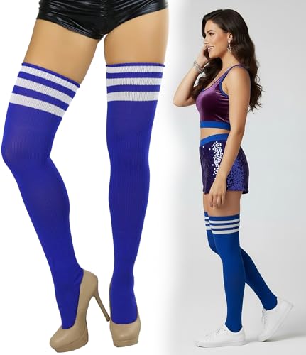 Image of ToBeInStyle Women's Heavyweight Knit Thigh High Long Socks w /Contrast 3 Stripe Top Band