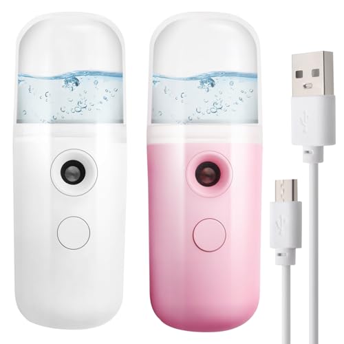 2 Pcs Nano Face Mister 30ml Portable Mini Face Mist Sprayer Handy Steamer USB Mist Facial Steamer Handy Atomizer for Skin Care Makeup Travel Personal Care Eyelash Extensions Pink and White