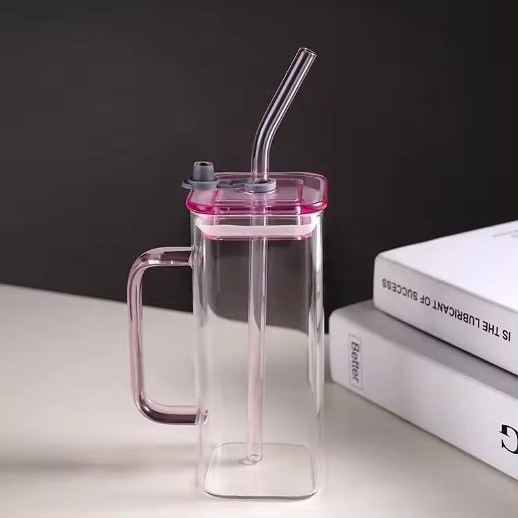 Image of ANKUL Random Clour Squre Glass Sipper Tumbler Tea Coffee Can with Acrylic Lid and Straw - 400ml - Pack of 1 - Fruit Milk Juice Cup Glass Straw (Square Mug, 1)