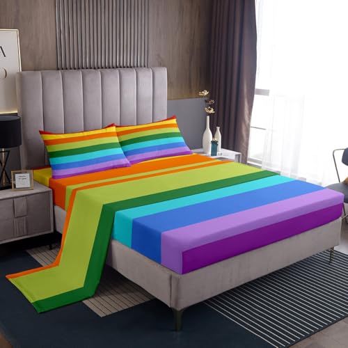 Erosebridal Rainbow Bed Sheets King Size,Rainbow Stripes Bedding Set Colorful Watercolor Sheet Set for Kids Girls Boys Teens Ultra Soft Tie Dye Fitted Sheet + Flat Sheet + 2 Pillow Cases