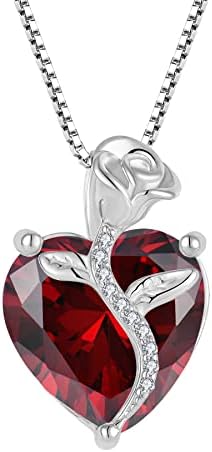 FJ Heart Birthstone Necklace for Women 925 Sterling Silver Rose Flower Necklace Jewellery Gifts for Women Mom Wife Girls Her