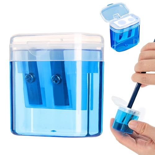 Twin Hole Pencil Sharpener with Container, Manual Pencil Sharpener, Pencil Cutter for Kids with Double Holes and Lid, Compact Pencil Cutter for School, Home and Office (Blue)