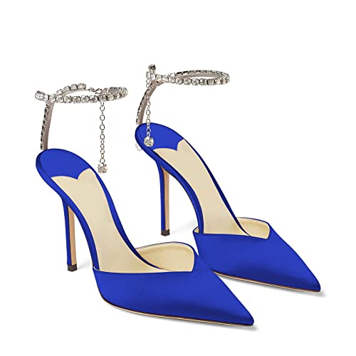 Image of LauraVicci Women's Heeled Sandals Crystal Chain Ankle Straps Rhinestones Buckle High Heels Stiletto Slip On Wedding Party Satin Dress Shoes