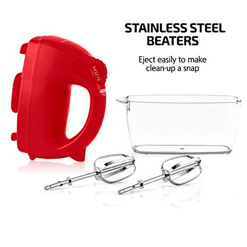 Image of OVENTE Portable Electric Hand Mixer 5 Speed Mixing, 150W Powerful Blender for Baking & Cooking with 2 Stainless Steel Chrome Beater Attachments & Snap Clear Case Compact Easy Storage, Red HM161R