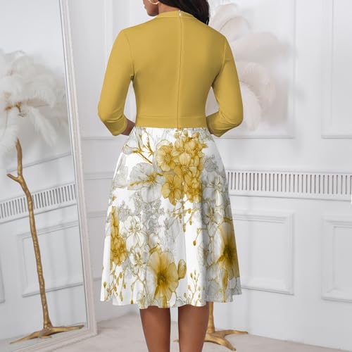Womens 3/4 Sleeve Midi Dresses Floral Contrasting Color V Neck A Line Dress Elegant Fall Dresses with Pockets S-3XL4