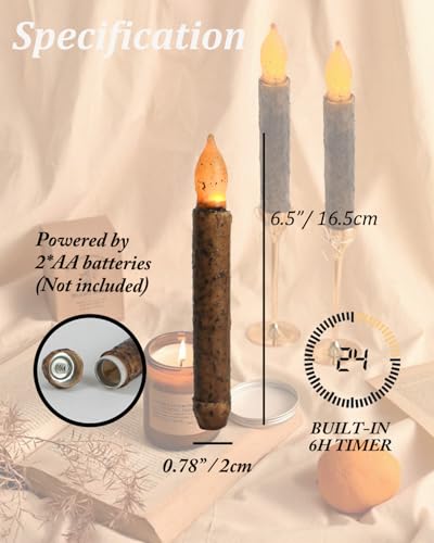 Taper-Primitive-Candles-with-Timer-6pcs-Real-Wax-Hand-Dipped-Battery-Operated-Flameless-Candles-for-Christmas-Halloween-Home-Decor-Church Taper Primitive Candles with Timer 6pcs Real Wax Hand Dipped Battery Operated Flameless Candles for Christmas Halloween Home Decor Church