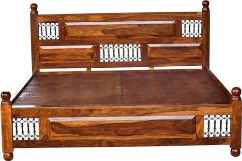 Image of Solid Sheesham Wood King Size Bed Without Storage | Wooden Double Bed Frame for Guest Room Modern Handcrafted & with Headboard | Walnut Finish