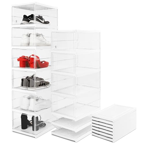 Kovellie Foldable and Expandable 6 Pack Shoe Storage Box, Easy Assembly Shoe Rack, Clear Shoe Boxes for Trainer Storage & Wardrobe, Understairs Storage Solutions, Stylish Footwear Organiser