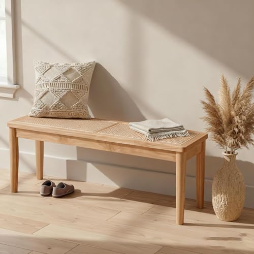 GODNOEI 47 Rattan Bench Indoor for Entryway Bench with Solid Wood
