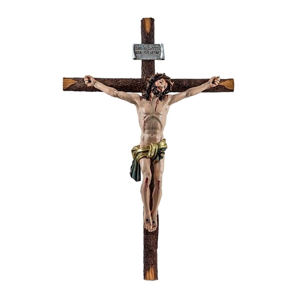 Cristo Cruz Crucificado Figura 50 cm. Imagen Resina Jesús Ojos Abiertos Cruz Color Madera