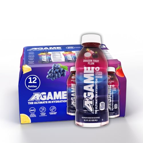 A-GAME Sports Drink, Dragon Fruit Plum, The Ultimate Hydration Sports Beverage for Athletes, 8 Essential Vitamins including B, C, & E plus Natural Sea Salt Electrolytes, All Natural Flavors & Sweeteners, Gluten Free, 16.9 Fl Oz (Pack of 12)